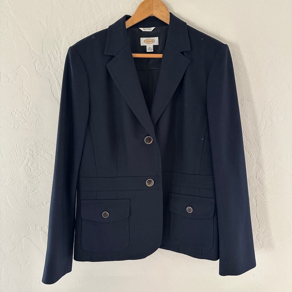 TALBOTS Womens Classic Italian Wool Blazer Size 14 Navy Fitted Stretch Corpcore